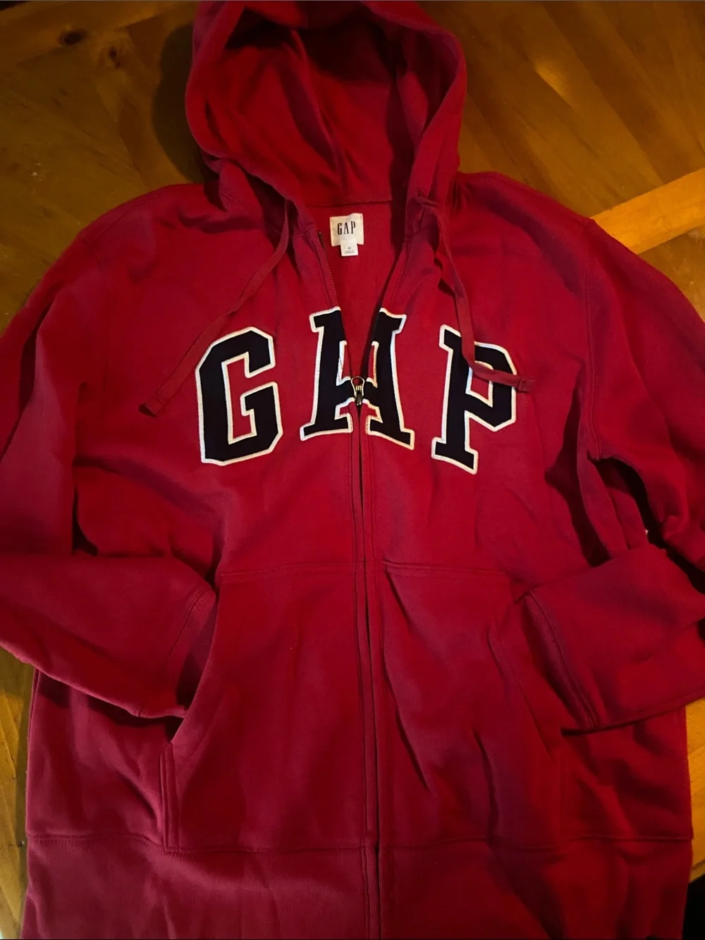 Medium GAP Red Hooded Zip-Up Jacket with navy blue logo